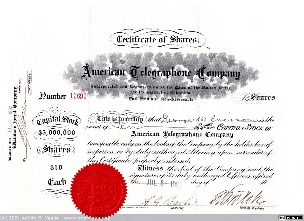 1491 - American Telegraphone Company. Acción de 10 dólares, 1907