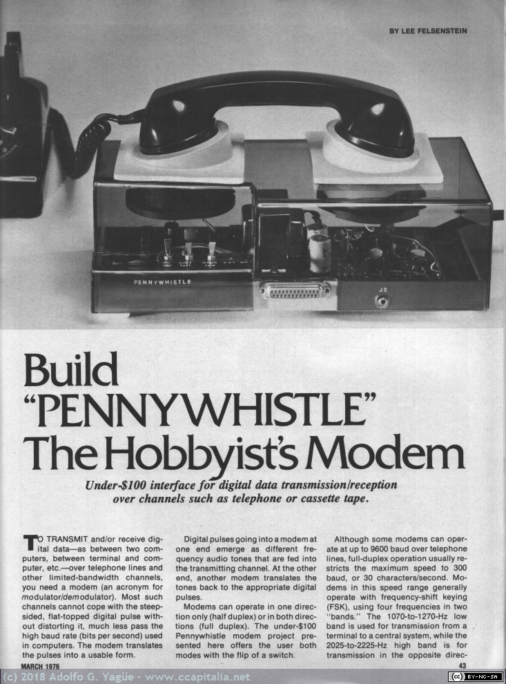 775 - Build the Pennywhistle. The Hobbyist's Modem. Lee Felsenstein. Popular Electronics (2), 1976