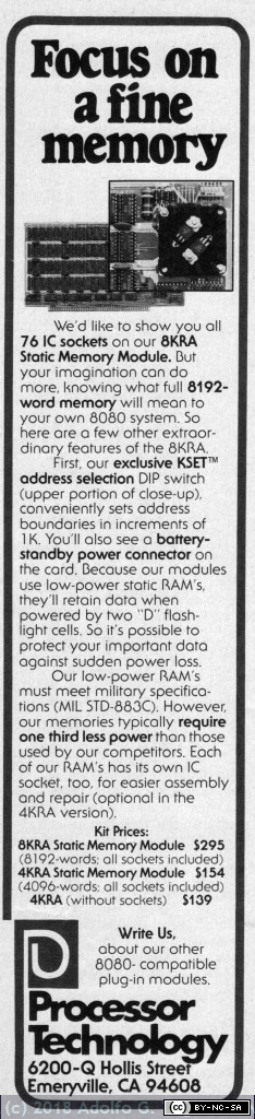 865 - Processor Technology. Focus on a fine memory, 1976