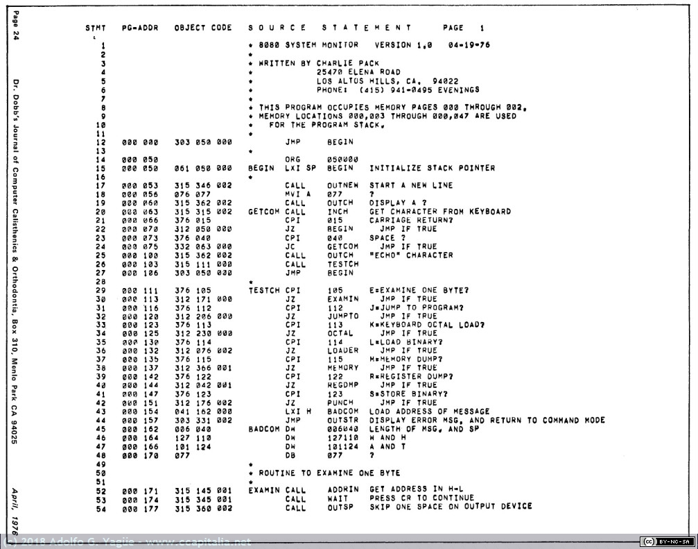 899 - Programa Monitor para el 8080 de Charlie Pack. Dr. Dobb's Journal of Calisthenics & Orthodontia (3), 1976