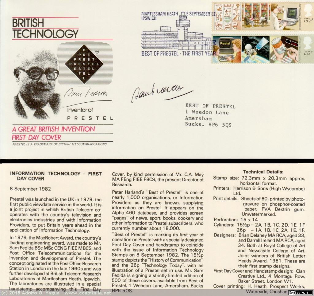 891 - Sellos conmemorativos aniversario de Prestel firmado por Sam Fedida, 1982