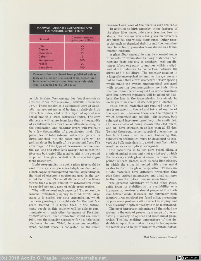 736 - Low-Loss Glass Fibers For Optical Transmission. Bell Laboratories Record (3), 1972