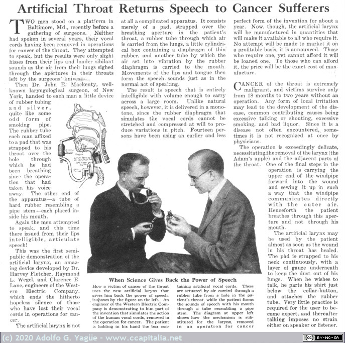 665 - Artificial Throat Returns Speech to Cancer Sufferers. Popular Science, 1925