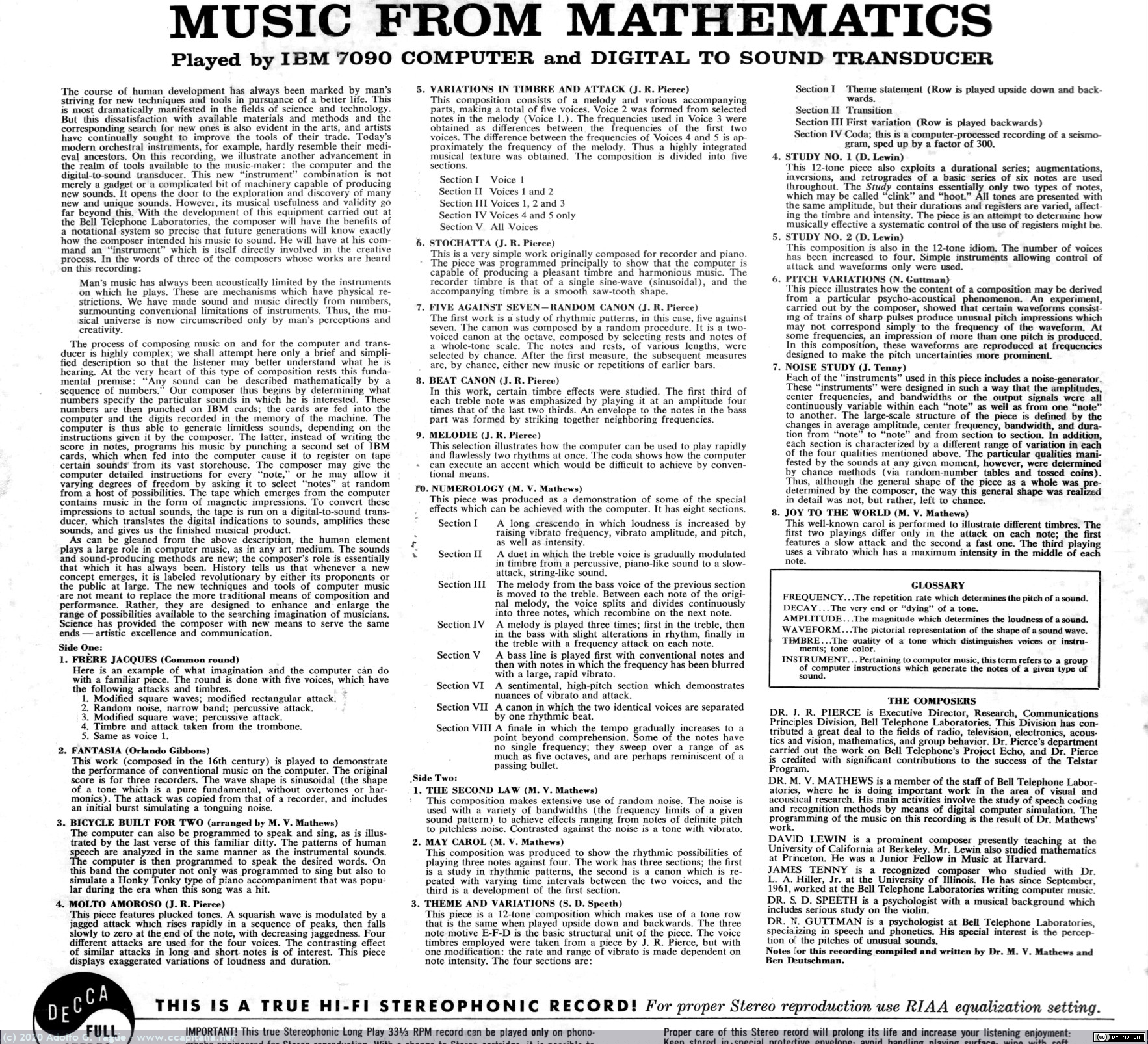 1411 - Music From Mathematics, Played by IBM 7090 Computer and Digital to Sound Transducer. Mathews, Pierce y Gibbons (2), 1962