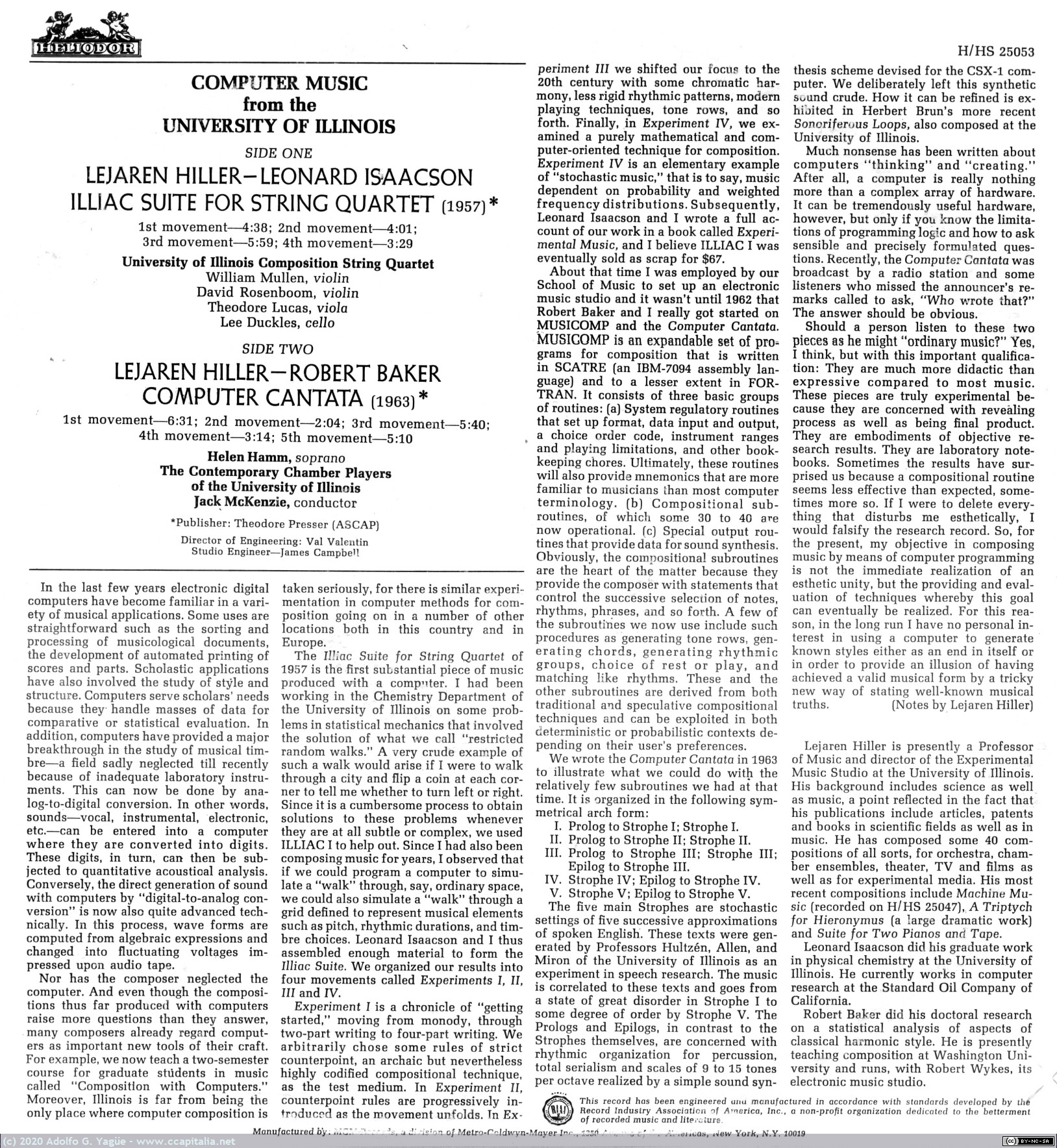 1419 - Computer Music from the University of Illinois. Hiller, Isaacson y Baker (2), 1967