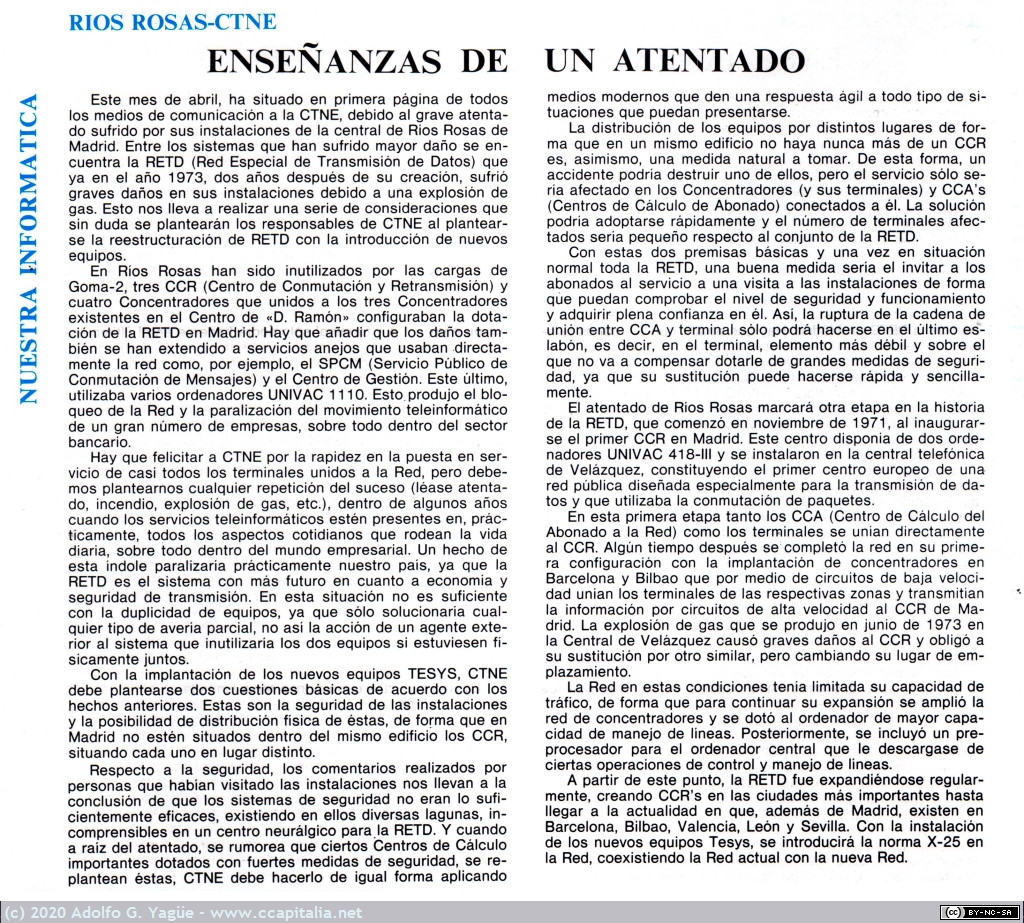 485 - CTNE. RETD (Red Especial de Transmisión de Datos). Enseñanzas de un atentado. Informática Hoy, 1982
