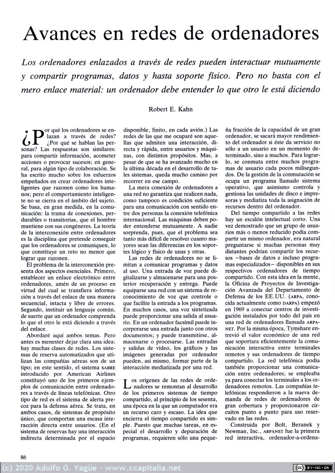 035 - Avances en redes de ordenadores. Robert E. Kahn. Investigación y Ciencia (1), 1987