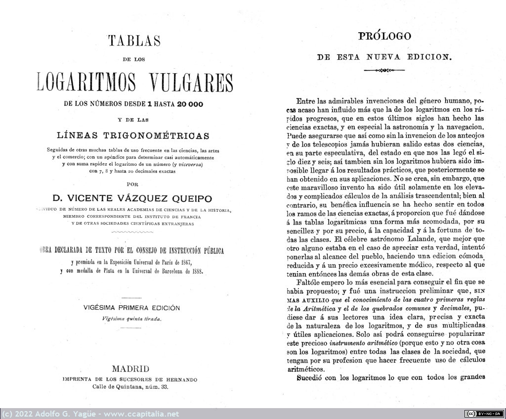 1556 - Tablas de Logaritmos Vulgares del 1 al 20.000. D. Vicente Vázquez Queipo (Vigésima edición) (2), 1914