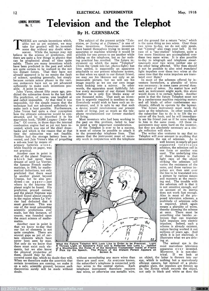 1644 - Television and the Telephot by Hugo Gernsback. Electrical Experimenter (2), 1918