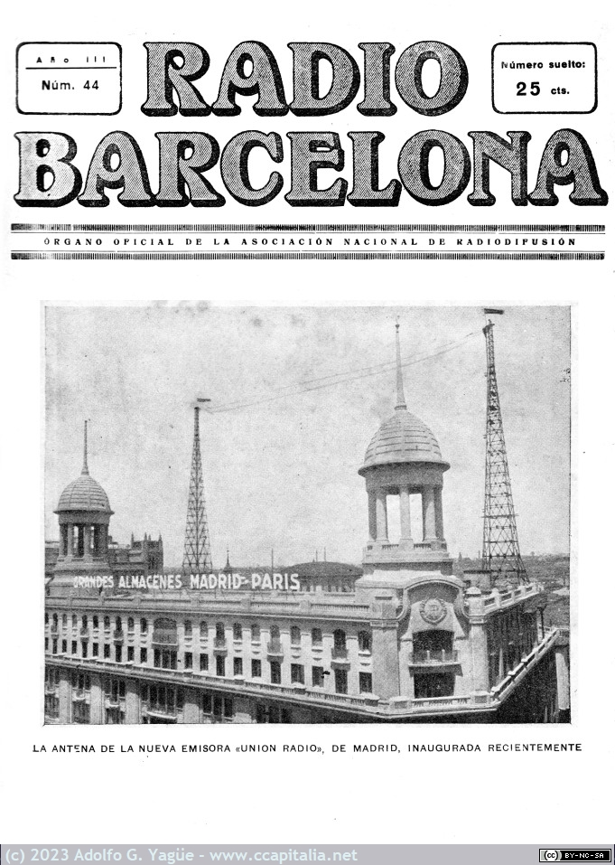 1720 - Inauguración de la estación Unión Radio (EAJ-7, Radio Madrid). Radio Barcelona n.44 (1), 1925