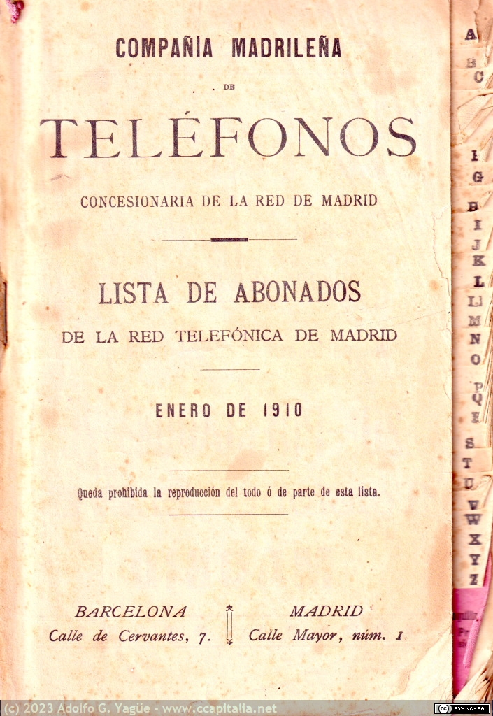 1731 - Lista de Abonados de la Red de Madrid. Compañía Madrileña de Telefónos (1), 1910