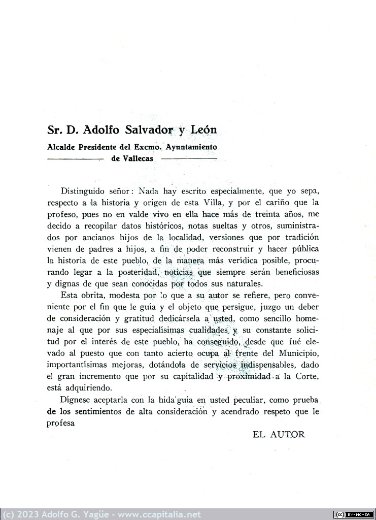 1733 - Guía descriptiva de Vallecas. Dedicatoria a D. Adolfo Salvador y León (2), 1929