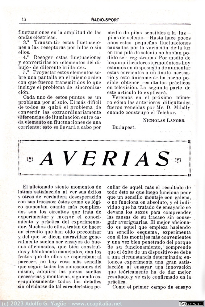 1717 - El problema de la televisión y el aparato de Mihály Telehor. Radio Sport n.6 (4), 1924