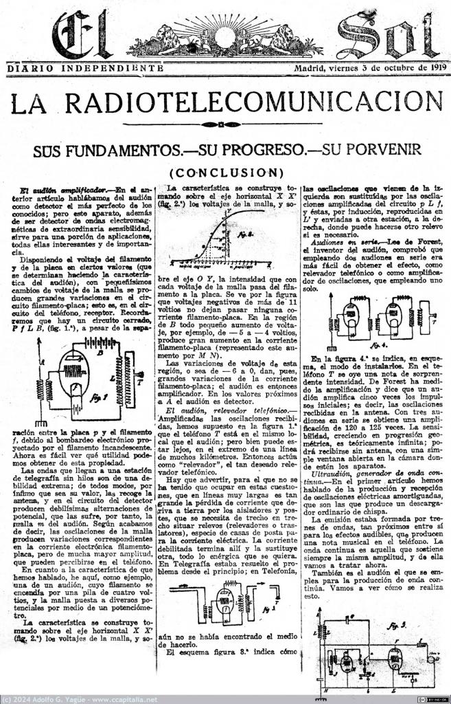 1814 - La radiotelecomunicación. Sus fundamentos, su progreso, su porvenir. El Sol. 3 Octubre (1), 1919