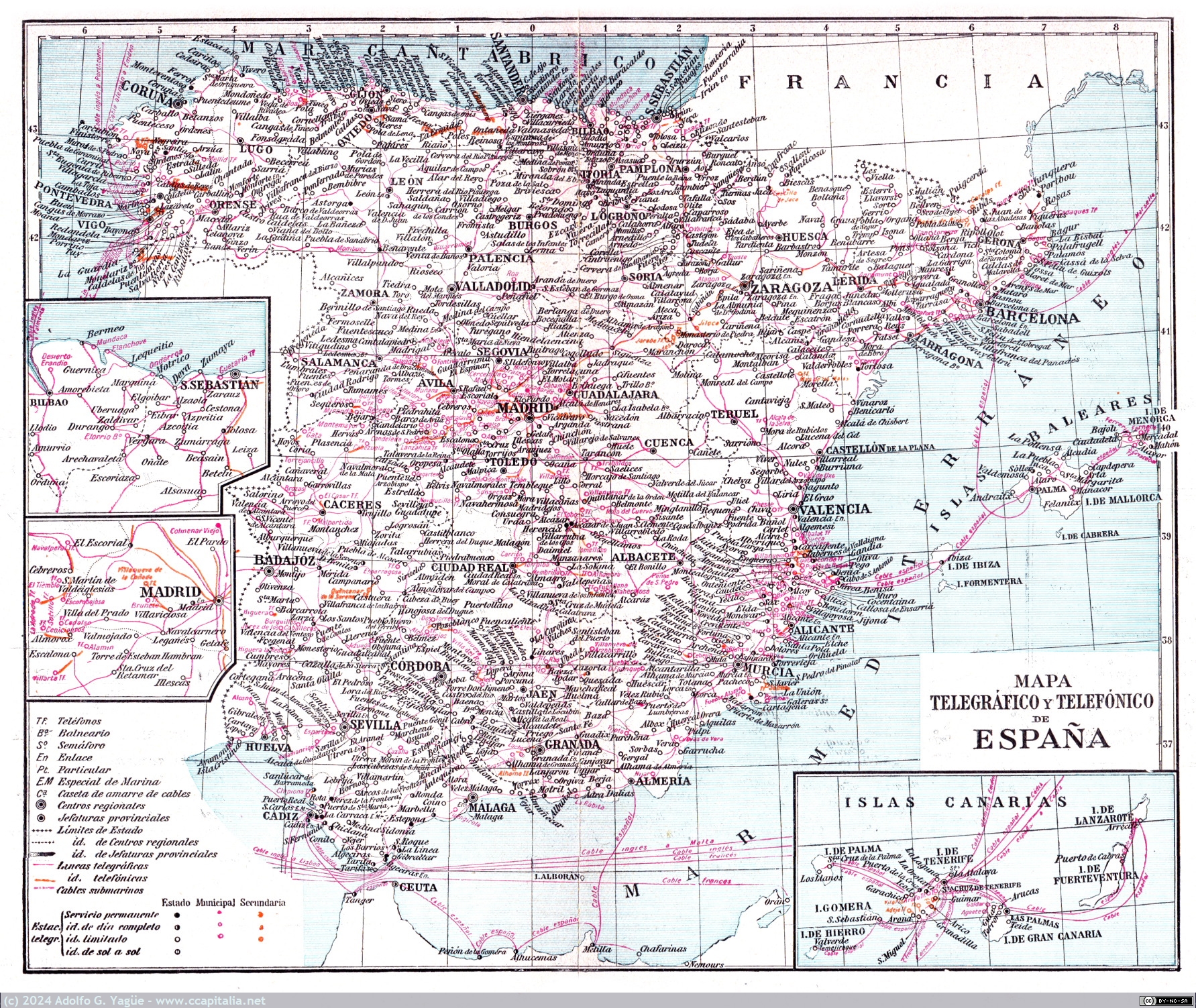 1842 - Mapa Telegráfico y Telefónico de España. Enciclopedia Espasa, 1923