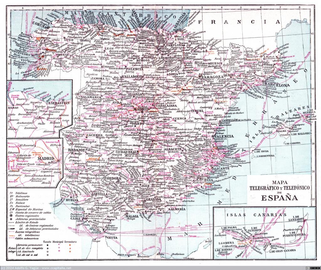 1842 - Mapa Telegráfico y Telefónico de España. Enciclopedia Espasa, 1923