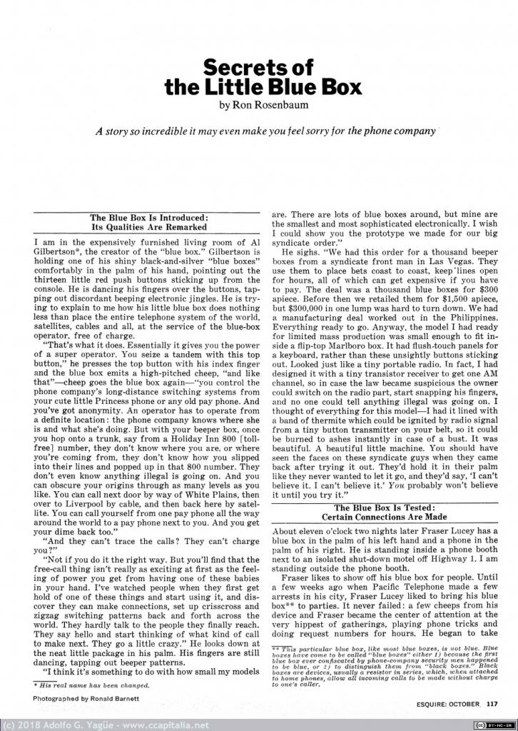280 - Secrets of the Little Blue Box, R. Rosenbaum. Artículo sobre phreaking y Engressia, Teresi, Draper. Esquire (2), 1971