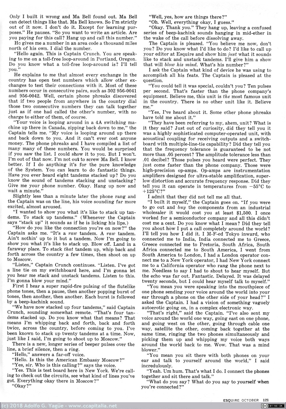 280 - Secrets of the Little Blue Box, R. Rosenbaum. Artículo sobre phreaking y Engressia, Teresi, Draper. Esquire (6), 1971