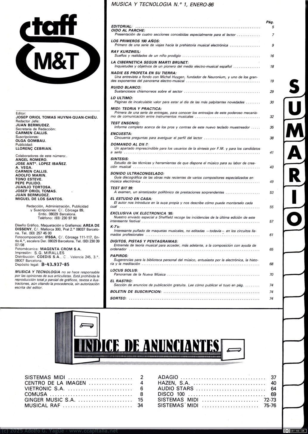 2018 - Música y Tecnología. Staff y contenido del primer número (2), 1986