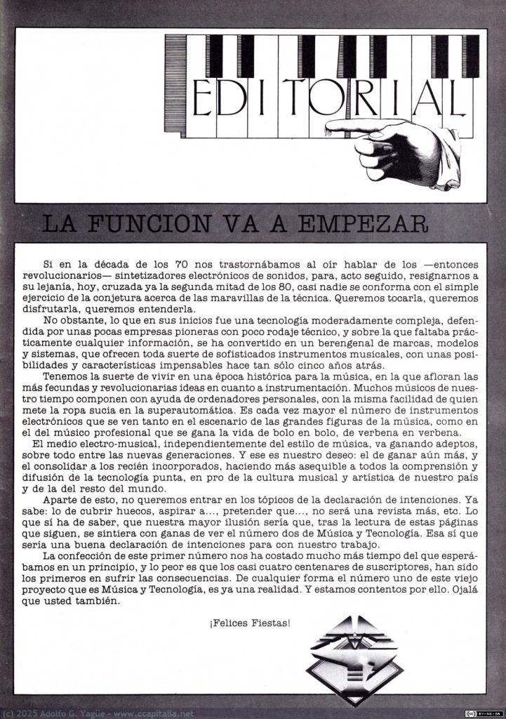 2018 - Música y Tecnología. Editorial del primer número (3), 1986