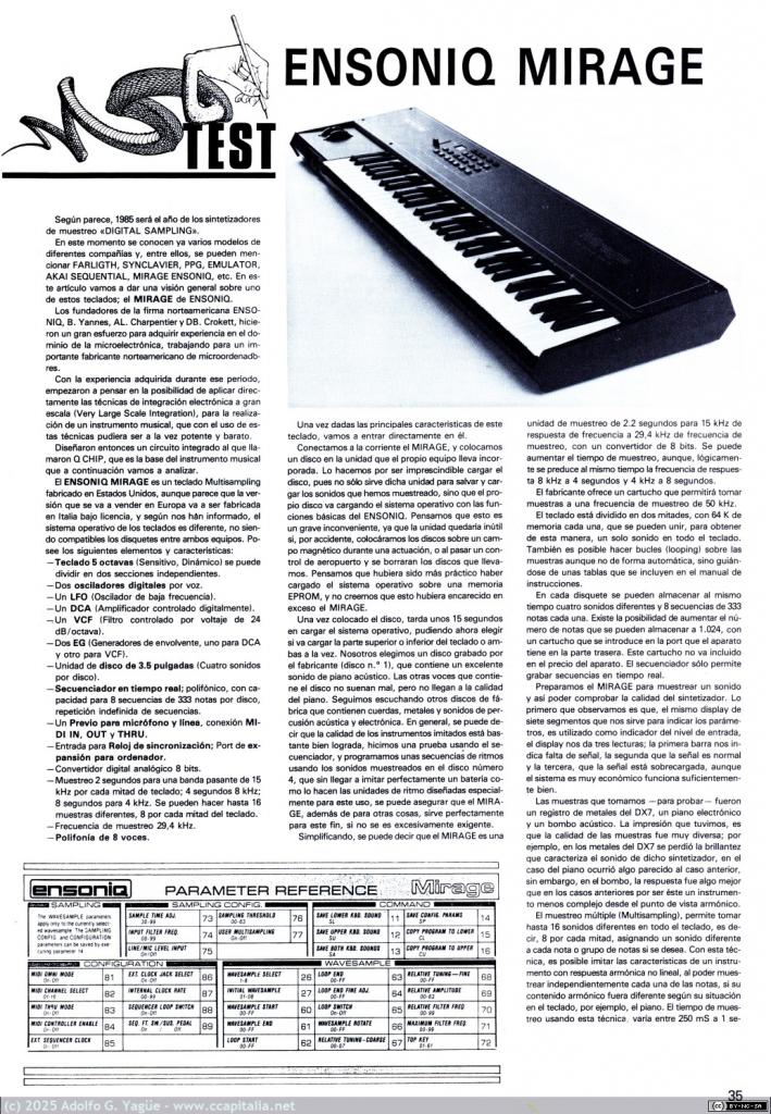 2018 - Música y Tecnología. Test Ensonic Mirage. A. Vega (6), 1986