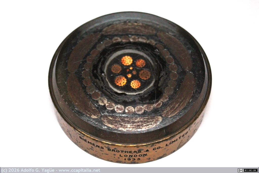 497 - Sección cable submarino (Ø90mm) 10 conductores para telefonía y telecontrol. Aire & Calder Navigation, Yorkshire, 1935