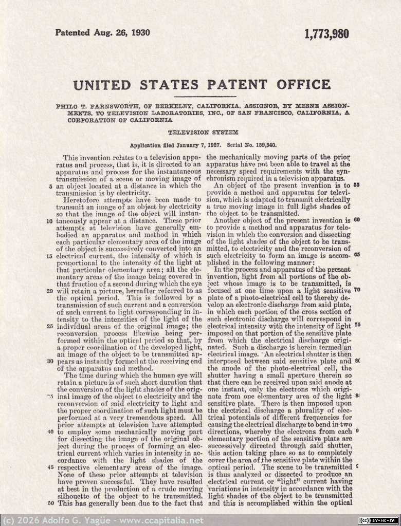 1793 - Patente solicitada en 1927 por Philo T. Farnsworth describiendo un nuevo sistema de televisión. Facsímil (2), 1927