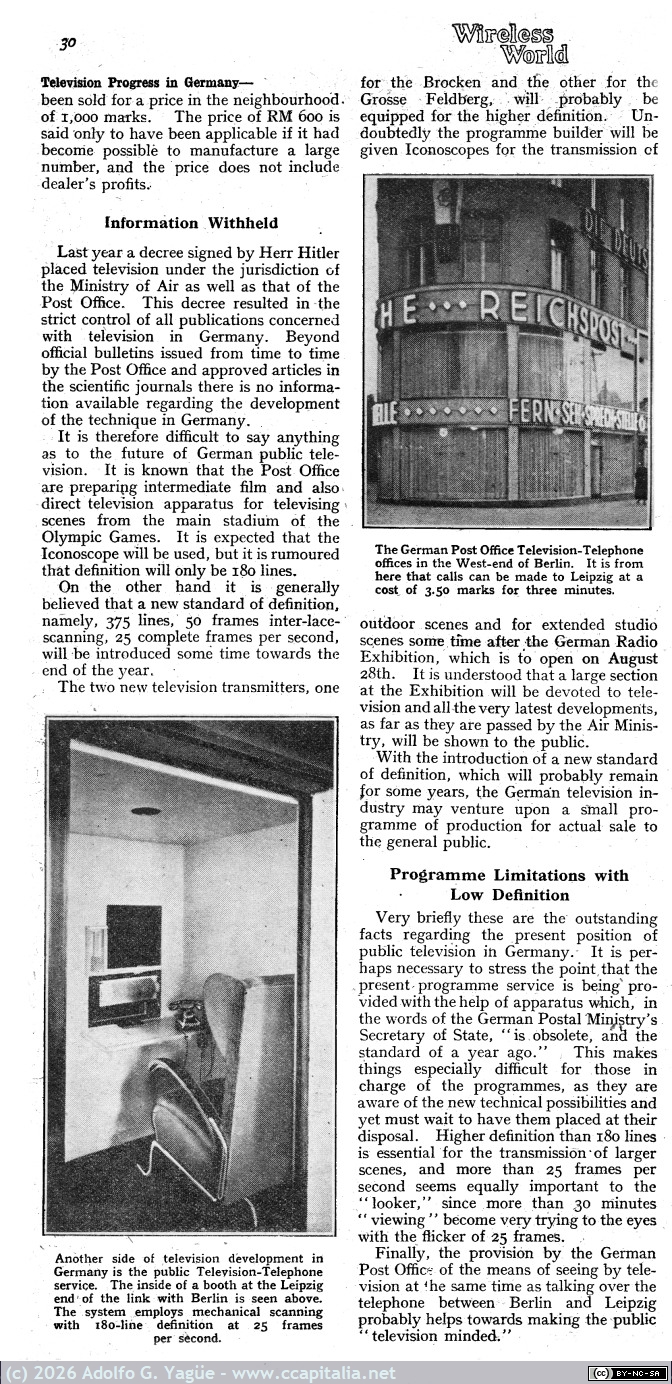 1866 - Television progress in Germany. The Wireless World. 10 Julio (2), 1936