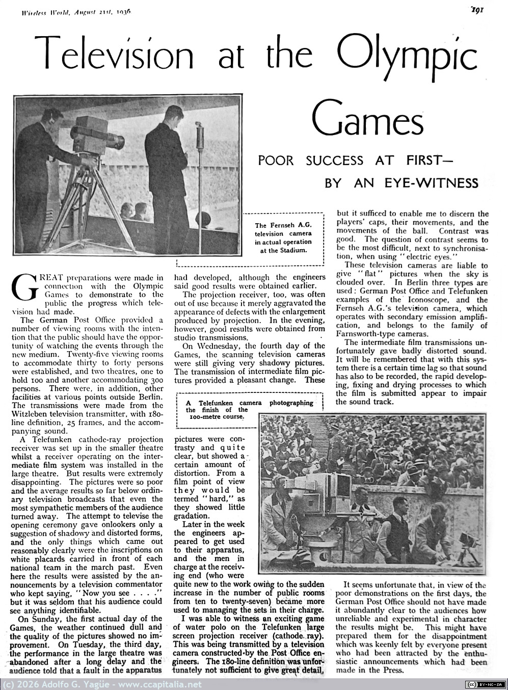 1866 - Television at Olympic Games. Poor success at first. The Wireless World. 21 Agosto, 1936