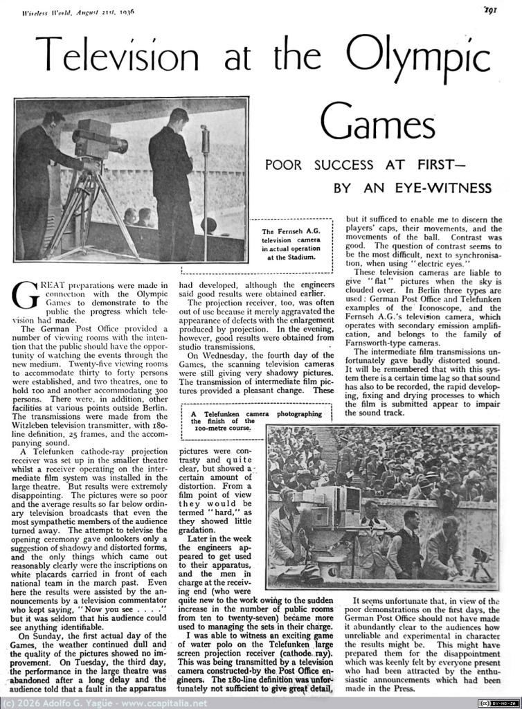 1866 - Television at Olympic Games. Poor success at first. The Wireless World. 21 Agosto, 1936