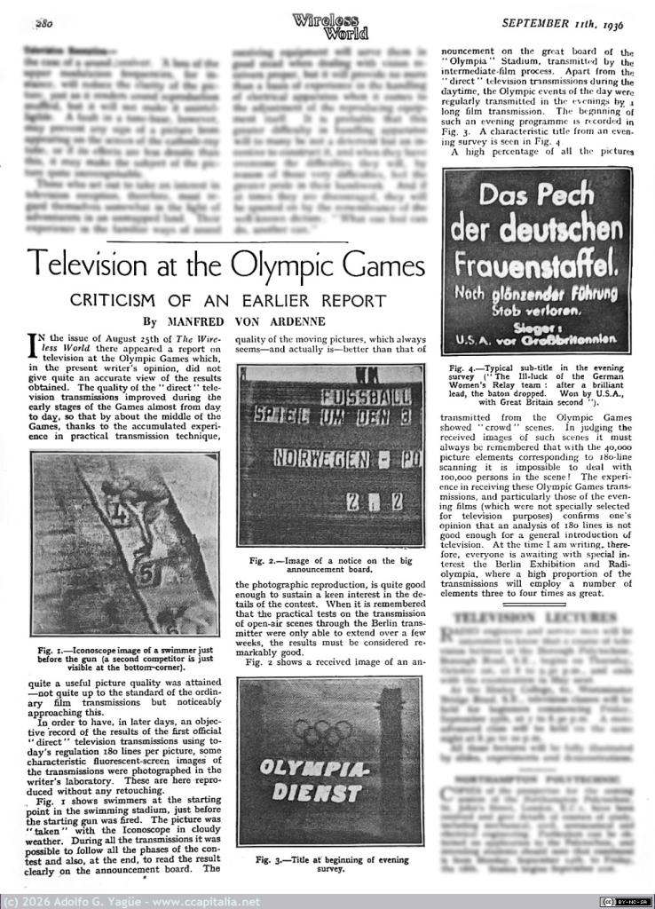 1866 - Television at Olympic Games. Criticism of an earlier report. Wireless World. 11 Septiembre, 1936