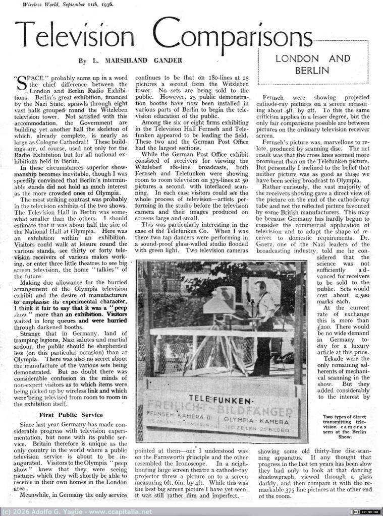 1866 - Television Comparisons. London and Berlin. The Wireless World, 11 Septiembre, 1936