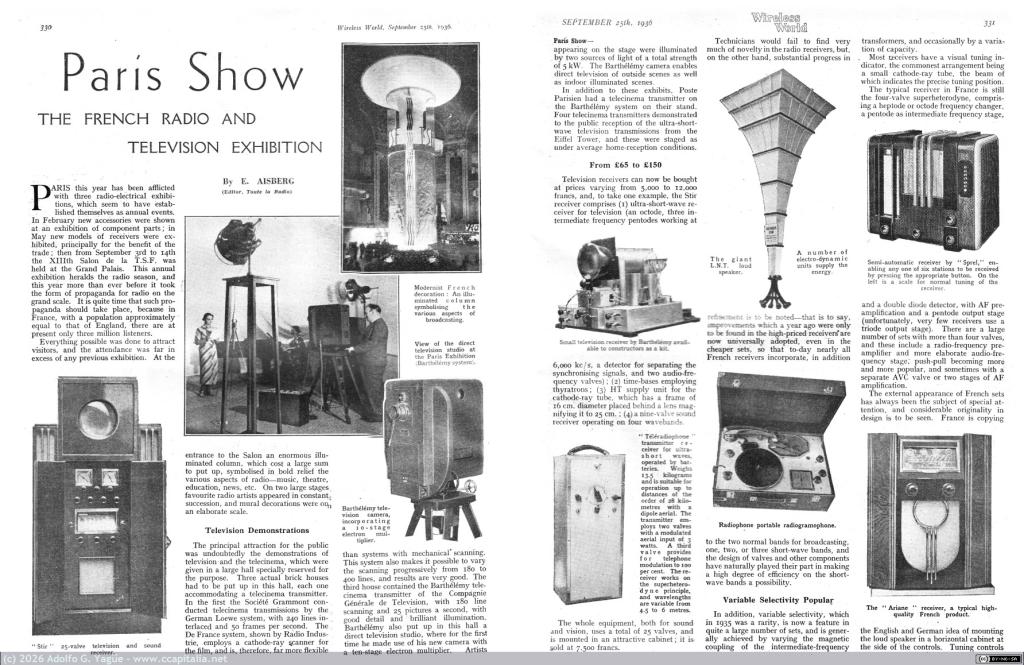 1866 - Paris Show. The French Radio and Television Exhibition. The Wireless World. 25 Septiembre, 1936
