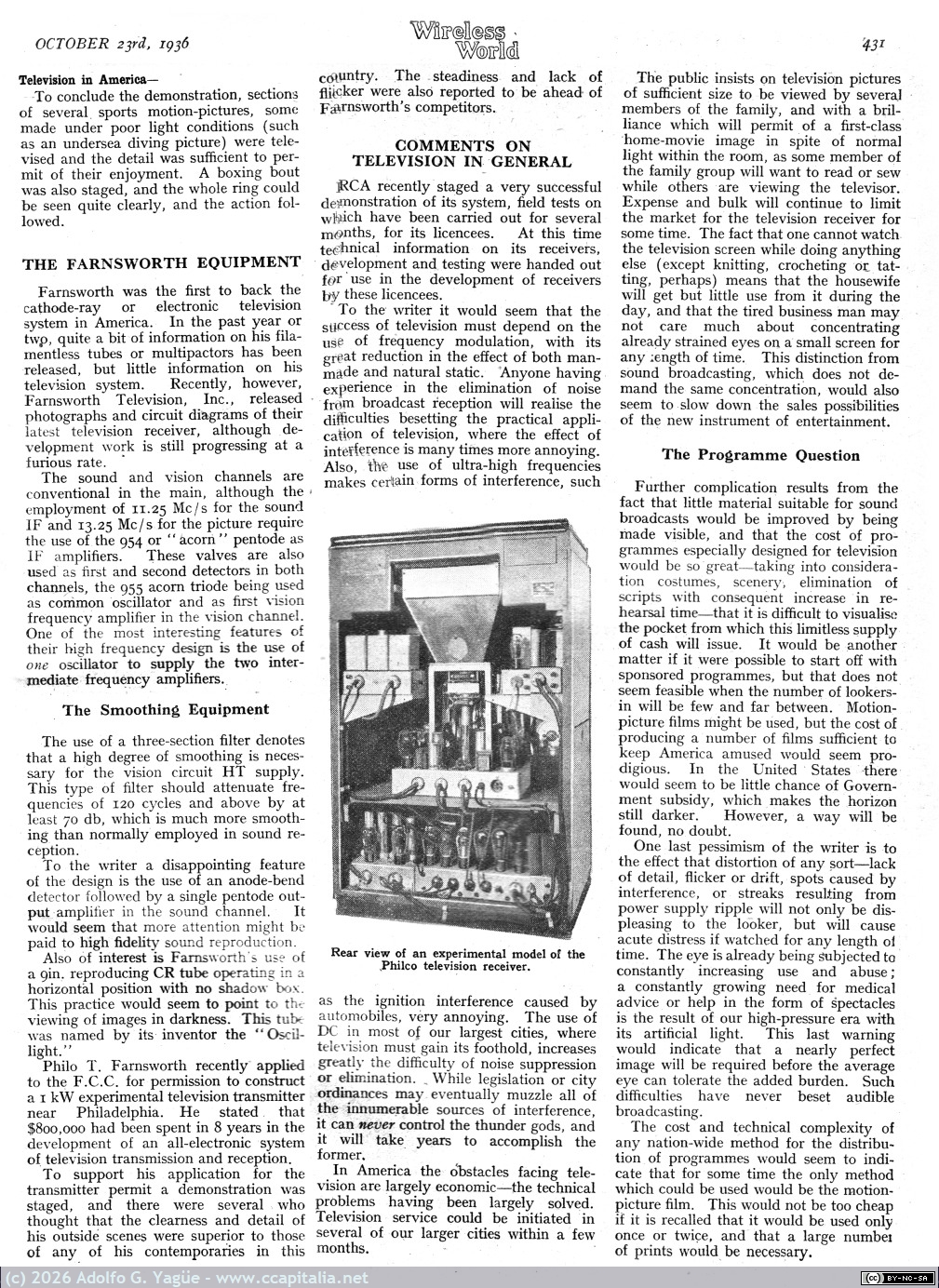 1866 - Television in America. The Philco and Farnsworth system described. The Wireless World. 23 Octubre (3), 1936