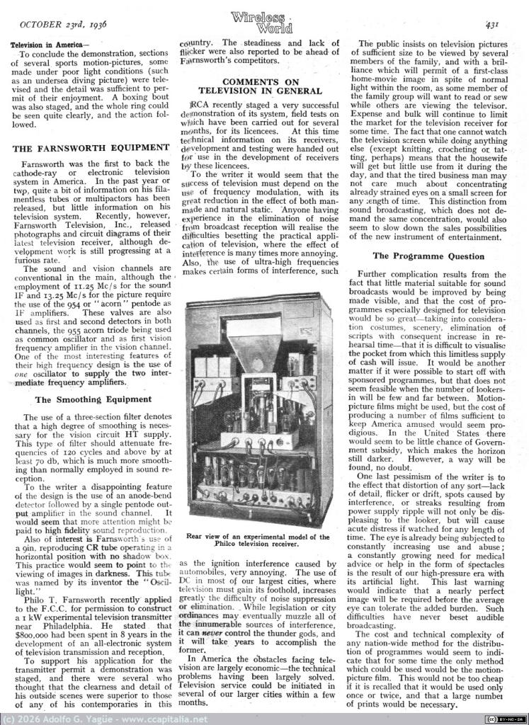 1866 - Television in America. The Philco and Farnsworth system described. The Wireless World. 23 Octubre (3), 1936