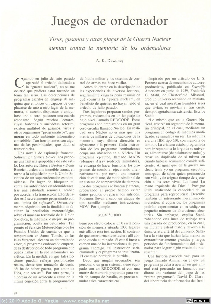 568 - Virus, gusanos y otras plagas. A.K.Dewdney. Investigación y Ciencia (1), 1985