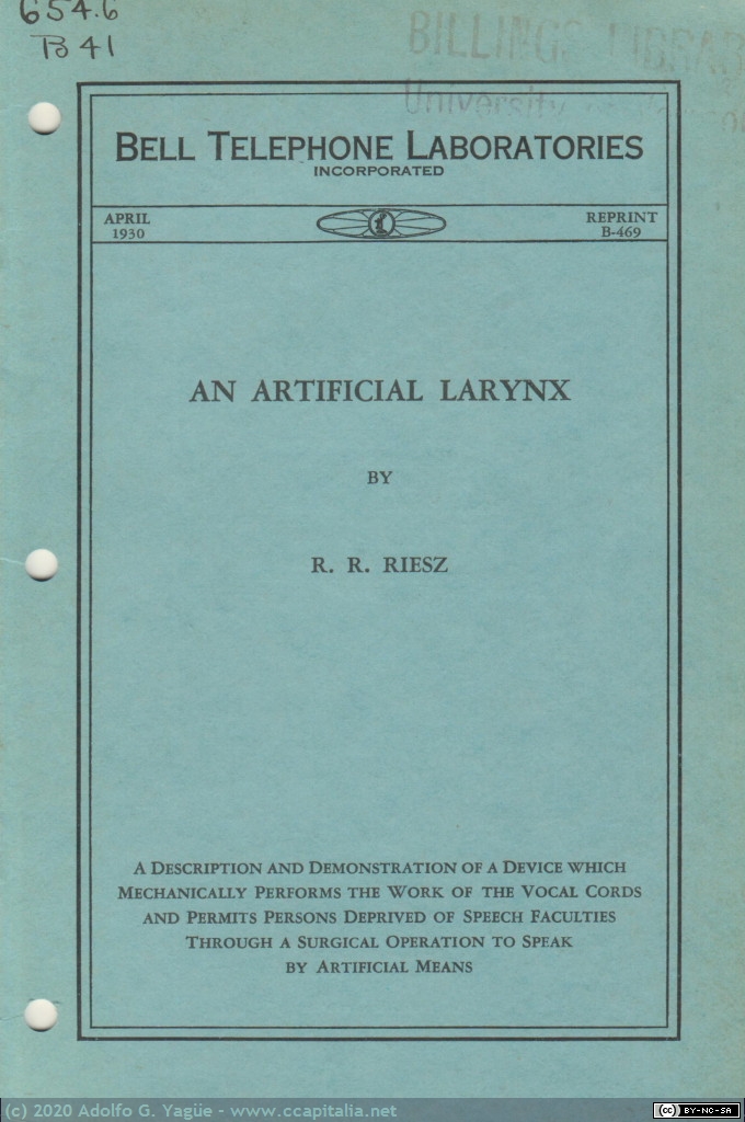 367 - An Artificial Larynx. Riesz (1), 1930