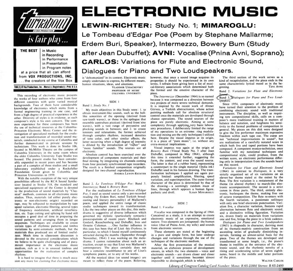 1424 - Electronic Music. Lewin-Richter, Mimaroglu, Avni, Walter Carlos (2), 1965