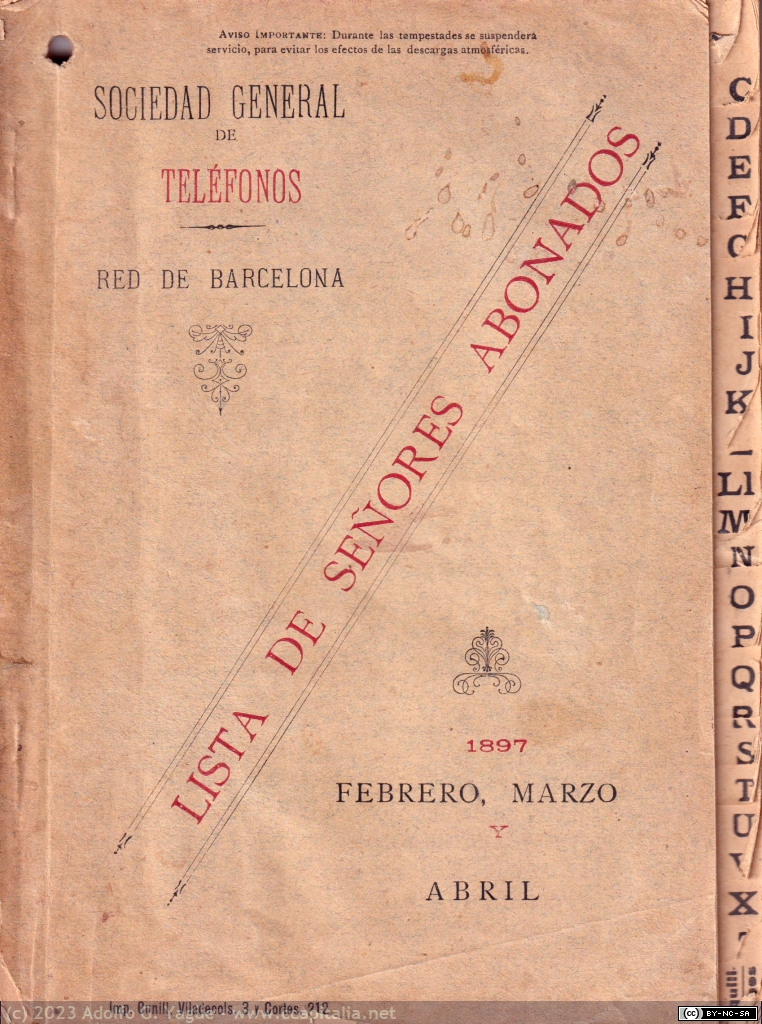 1729 - Lista de Señores Abonados de la Red de Barcelona. Sociedad General de Telefónos (1), 1897